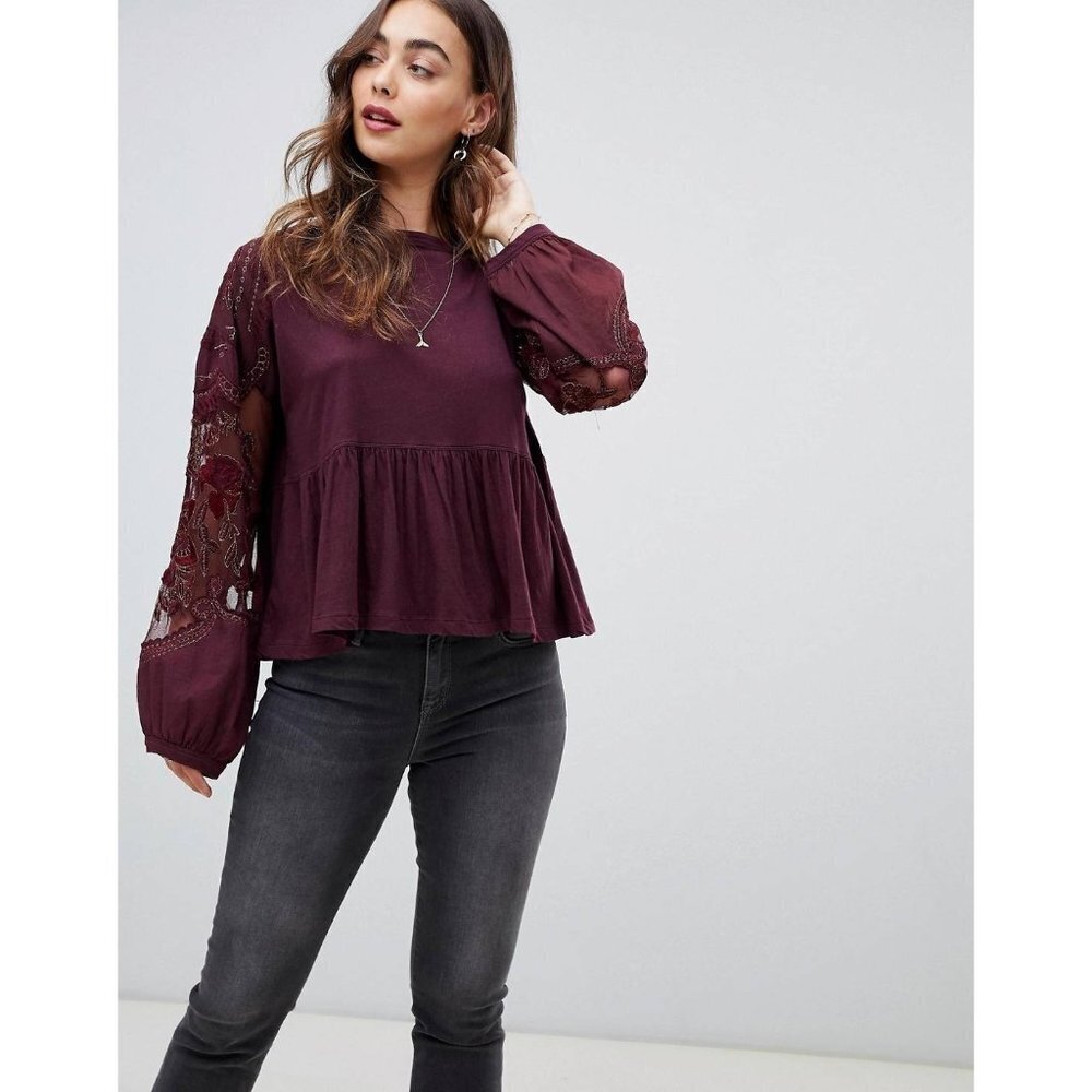 Free People Penny peplum embroidered top size XS